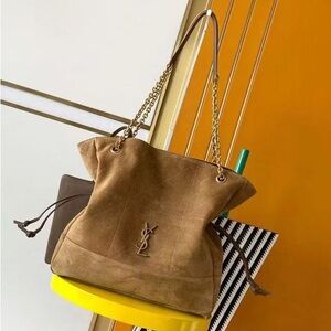 Yves Saint Laurent Brown Suede Drawstring Tote with Gold Chain